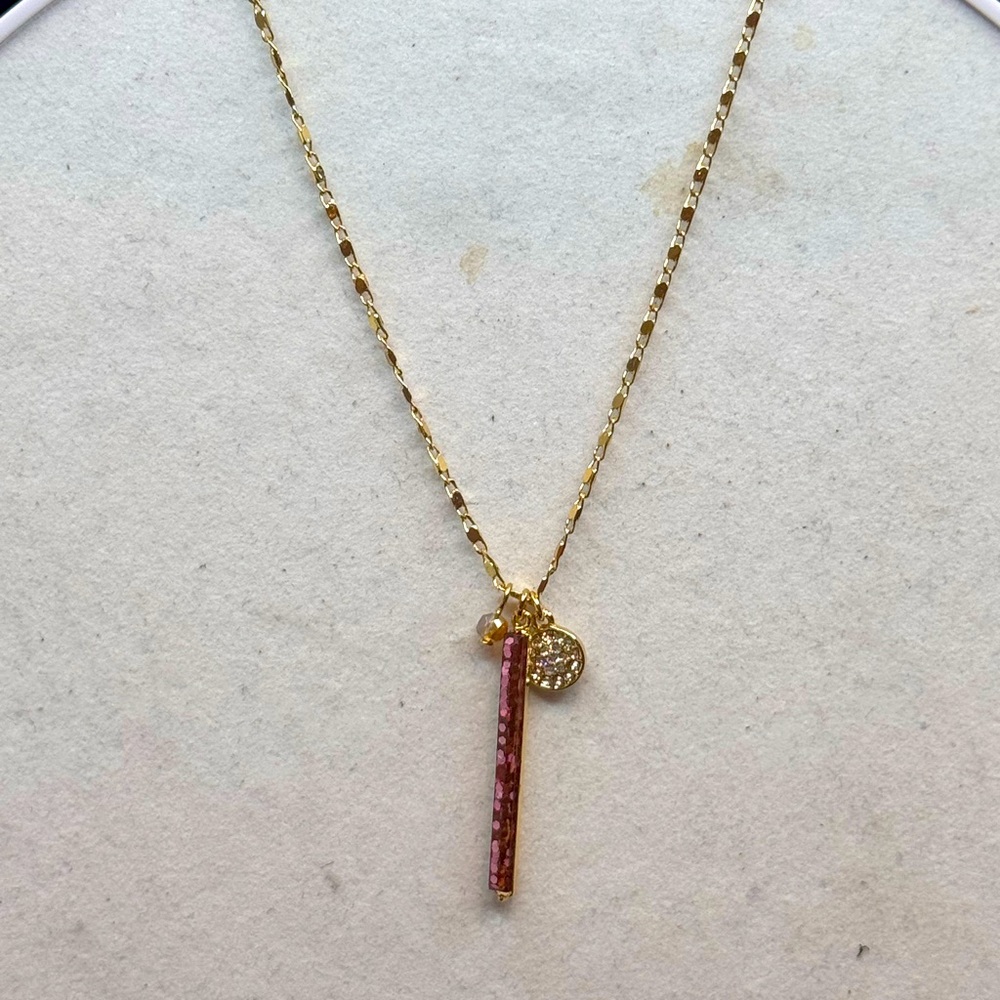 LC Lauren Conrad Gold Tone Pink Sparkle Charm Pendants Necklace 32 inch
